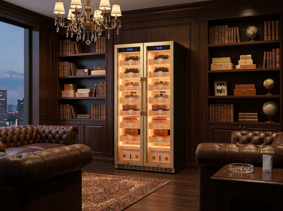 Luxury cigar lounge with large electronic cigar humidor cabinet for serious collectors