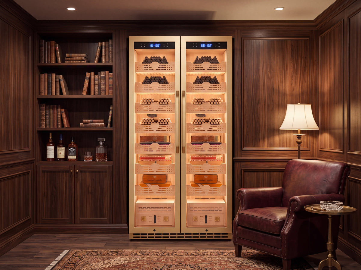 large cigar humidor cabinet storing 3000+ cigars in a luxury cigar room