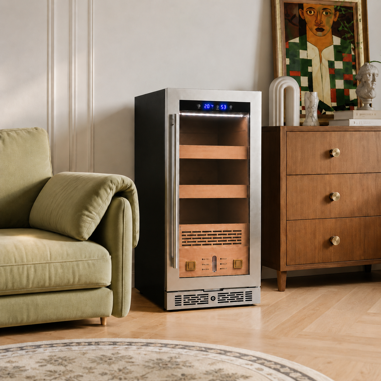 Living room humidor wall with quiet residential styling
