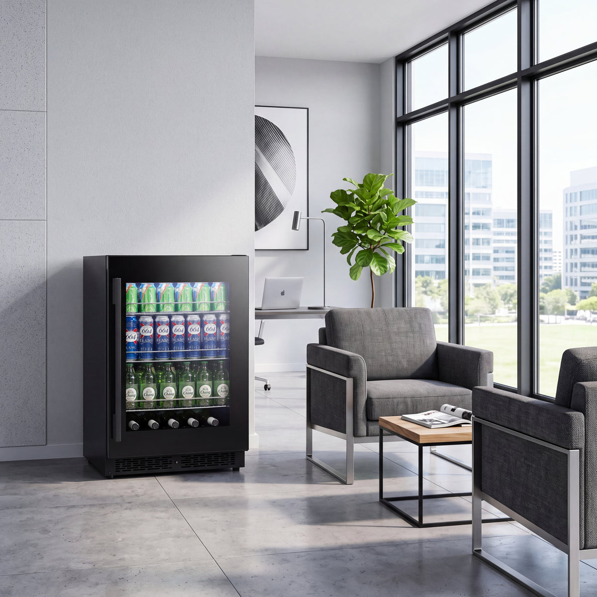 Front view of black 60-can beverage cooler with a heated glass display door