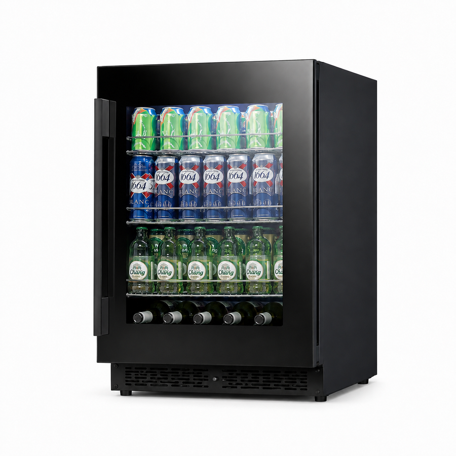 Balans BJ-130WS black 130L beverage cooler with glass door on a white background