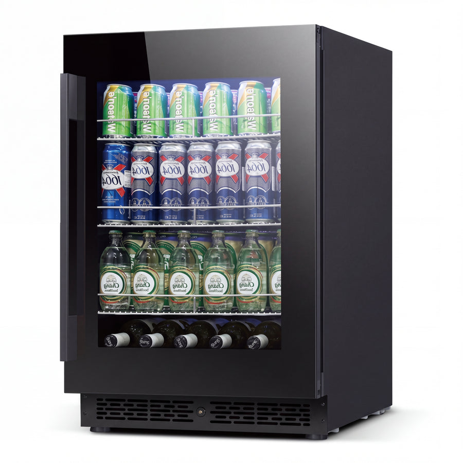 BALANS BJ-140WS 140L built-in beverage refrigerator with black painted metal cabinet and transparent glass display door