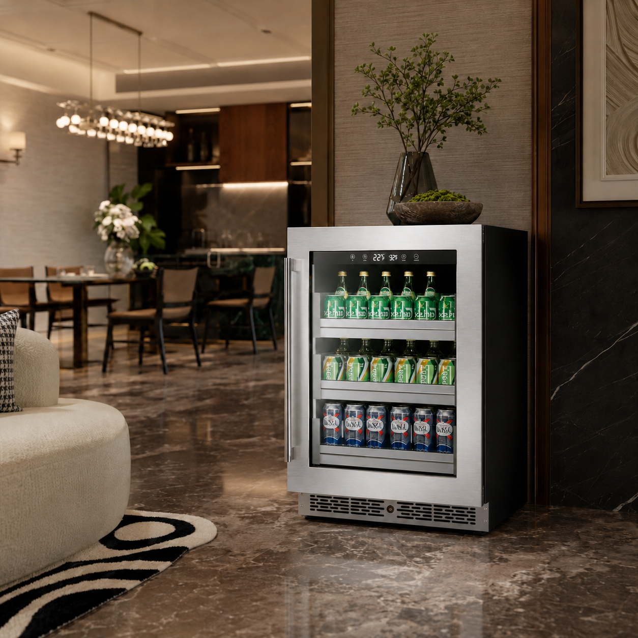 BALANS BJ-145WS 140L Stainless Steel Beverage Cooler | Heated Glass Door Built-In Refrigerator