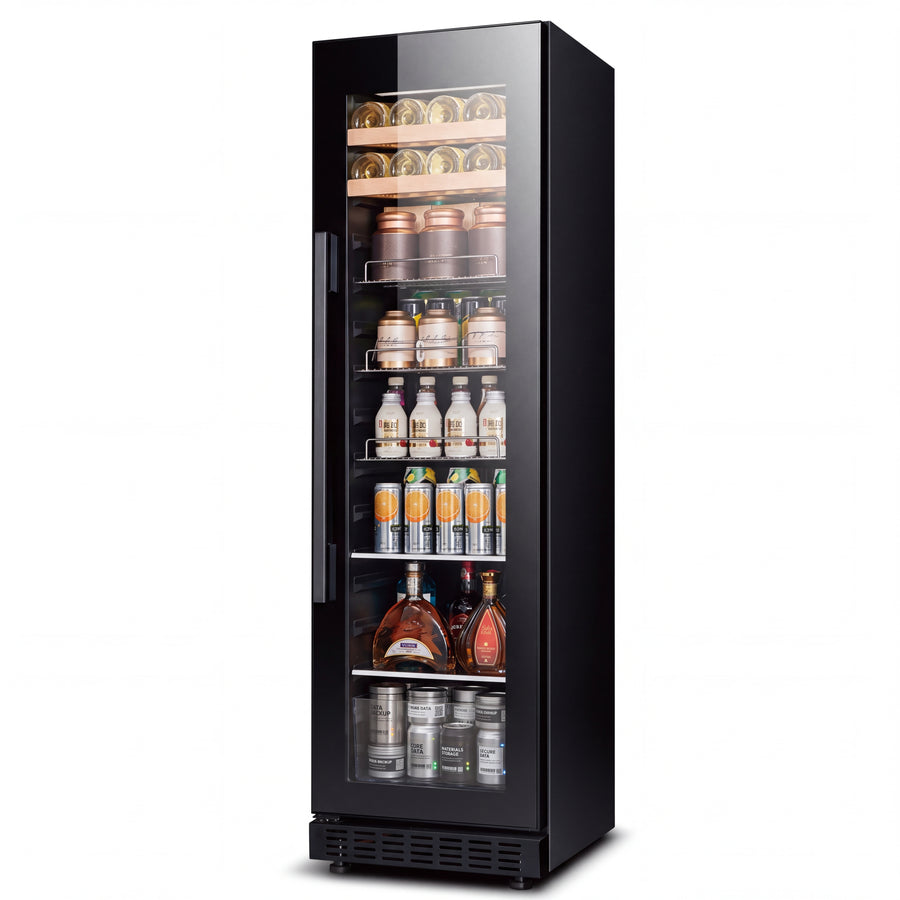 BALANS BJ-188WS 150-liter freestanding beverage cooler with a black glass door.