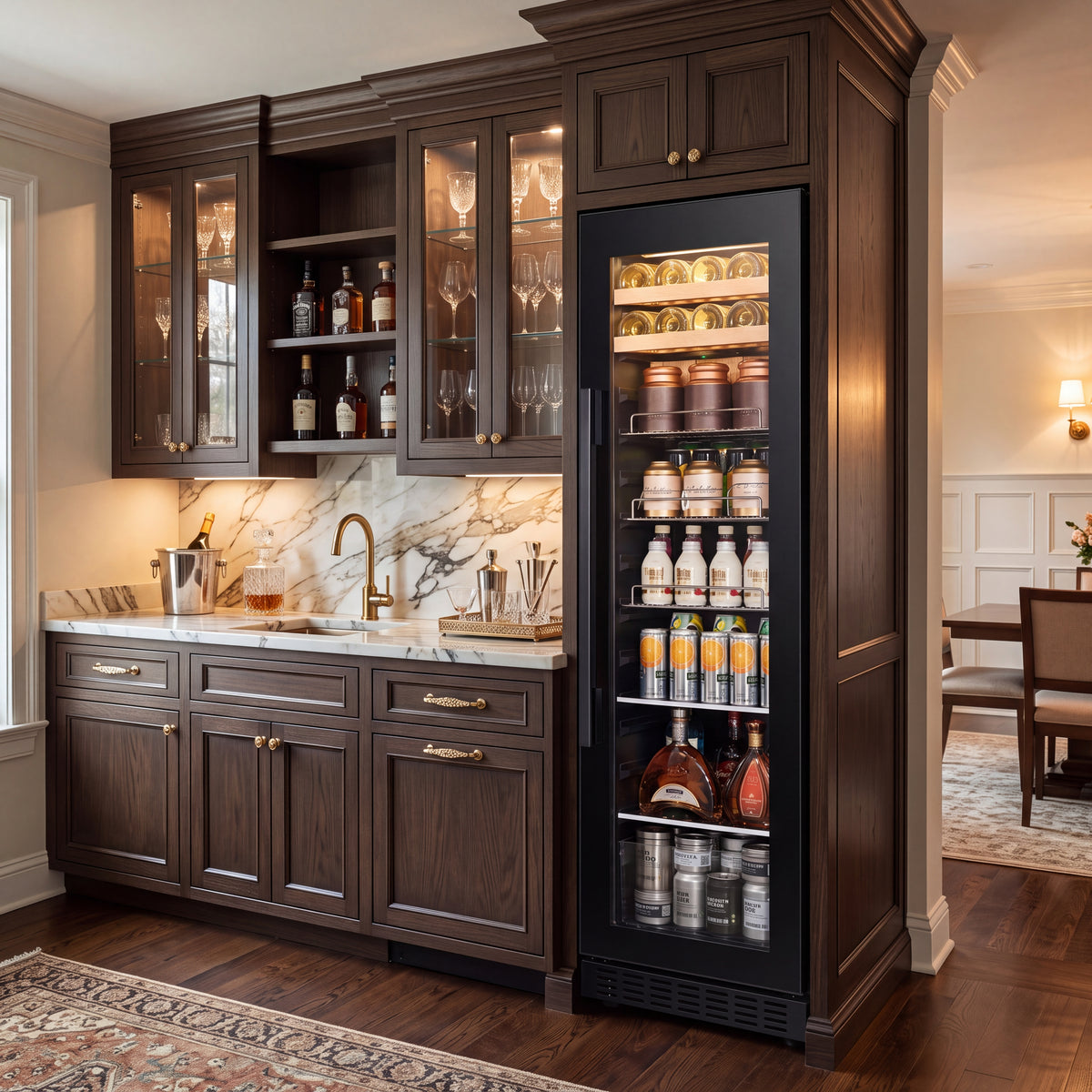 BALANS BJ-188WS 150-liter glass-door beverage cooler, situated within an American-style luxury private dining room.
