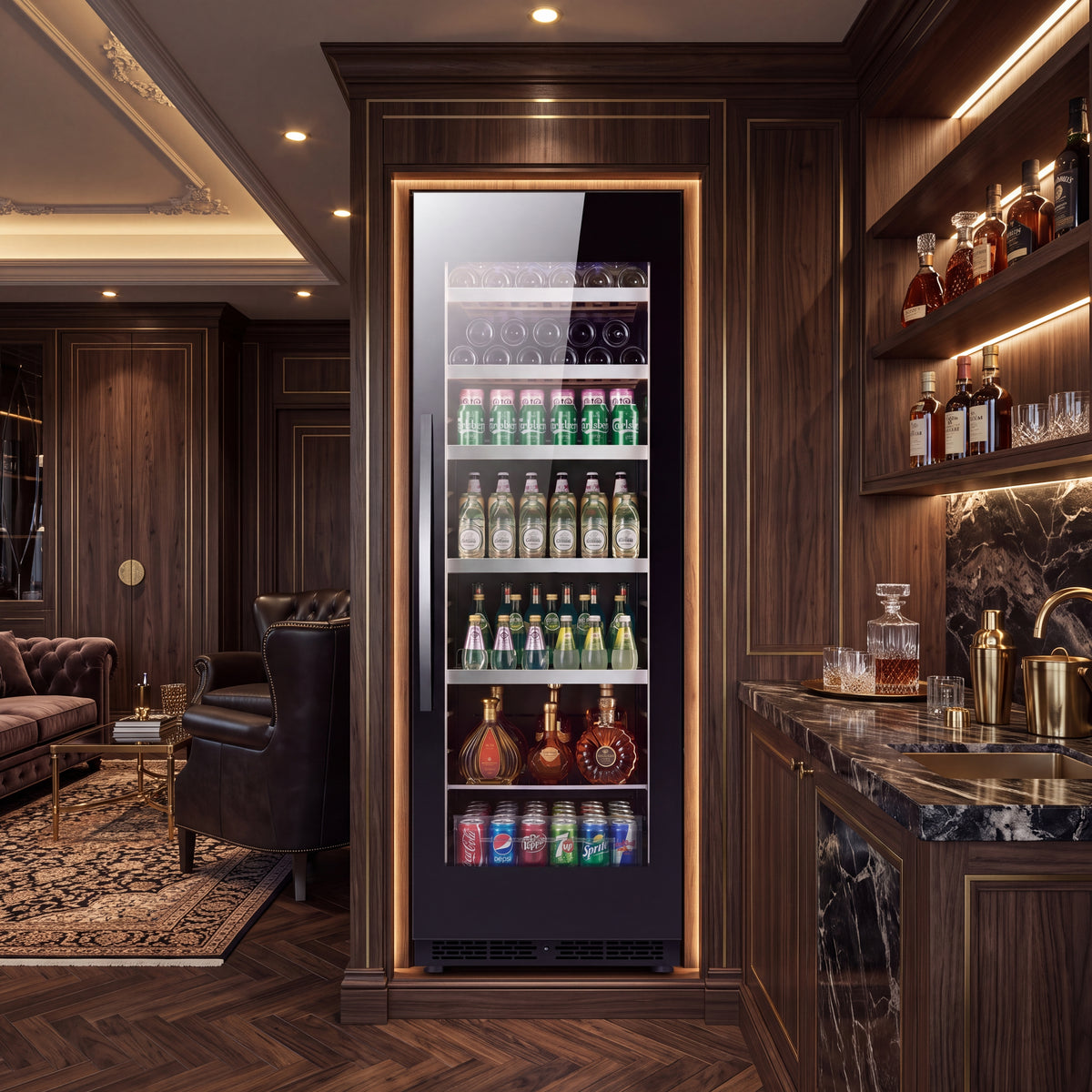 BALANS BJ-325WS luxury home bar beverage refrigerator with glass display door and stainless steel shelving