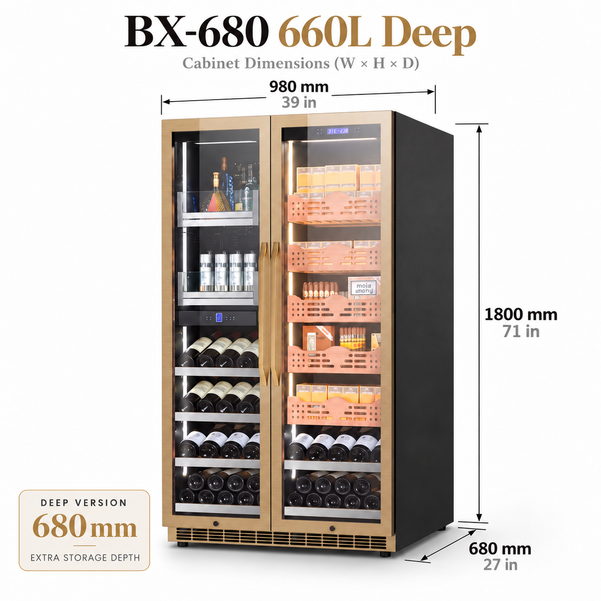 BALANS BX-680 660L deep gold wine and cigar cabinet with 680 mm depth, 980 mm width and 1800 mm height
