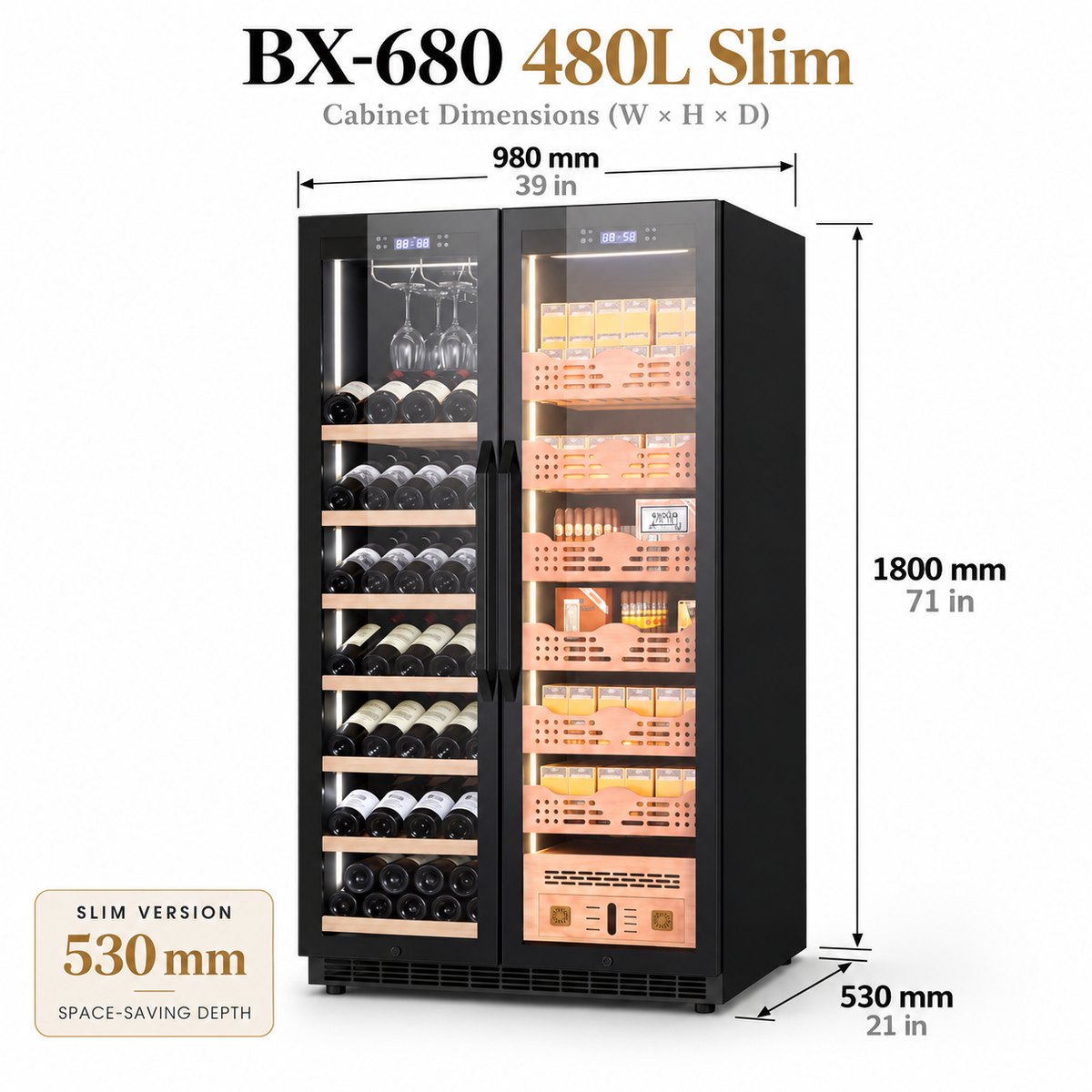 BALANS BX-680 480L slim black dual-zone wine and cigar cooler with wine bottle racks, cigar drawers and 530 mm depth