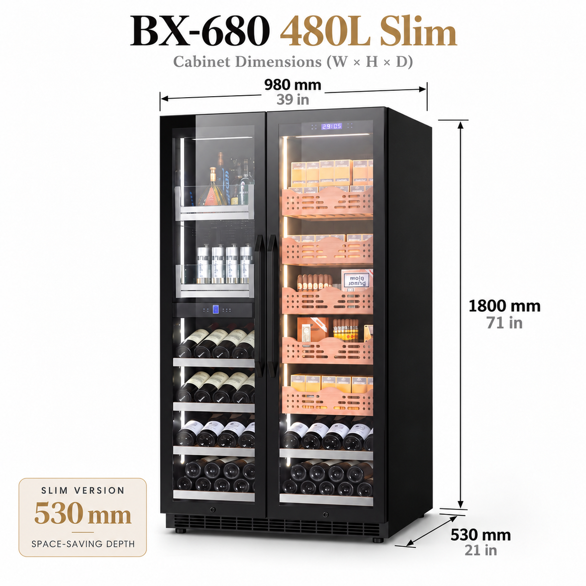 BALANS BX-680 480L slim black wine and cigar cabinet with glass doors, illuminated storage compartments and 530 mm depth