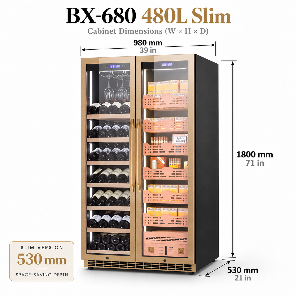 BALANS BX-680 480L slim dual-zone wine and cigar cooler with hanging wine glasses, Spanish cedar cigar storage and 530 mm depth