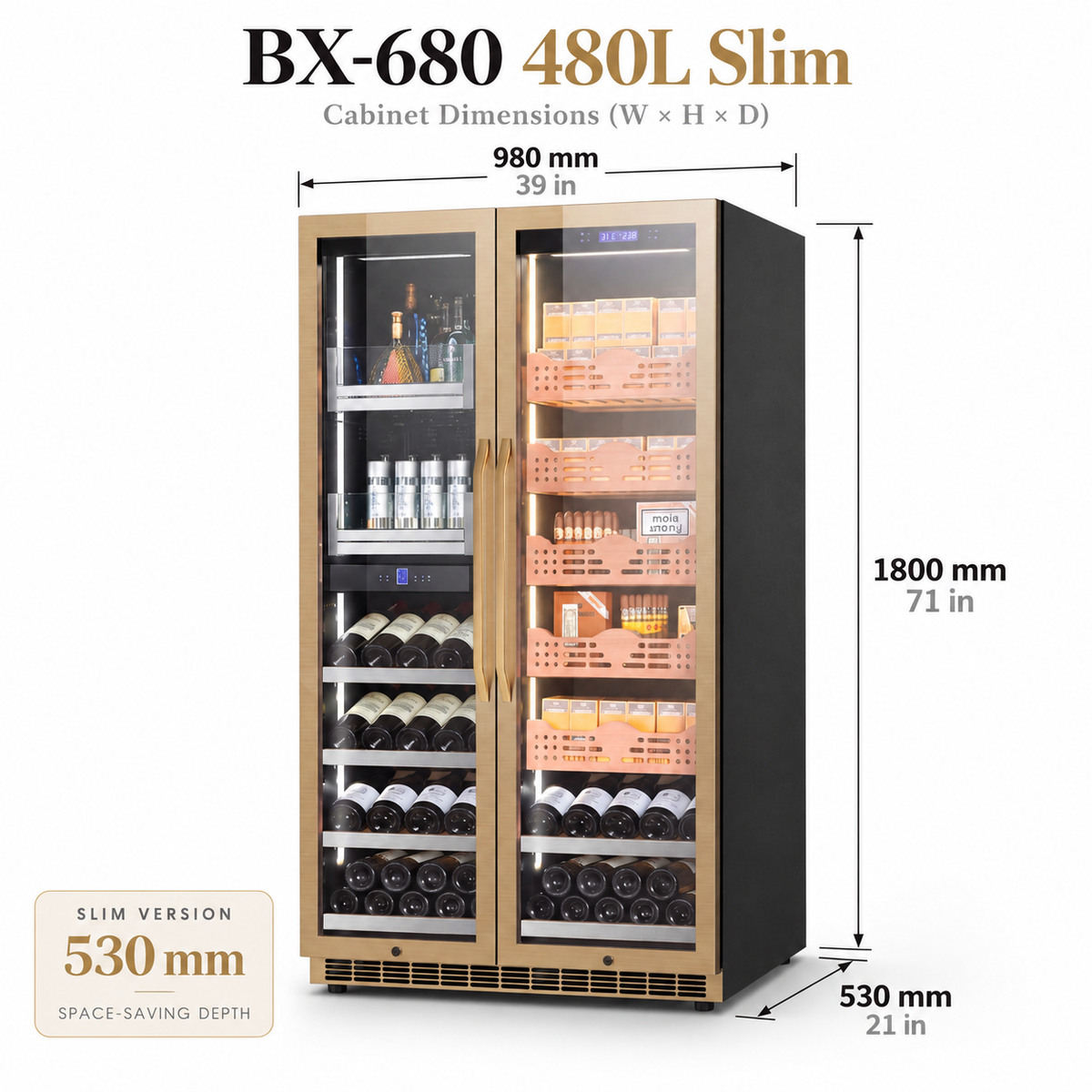 BALANS BX-680 480L slim gold wine and cigar cabinet with 530 mm depth, 980 mm width and 1800 mm height
