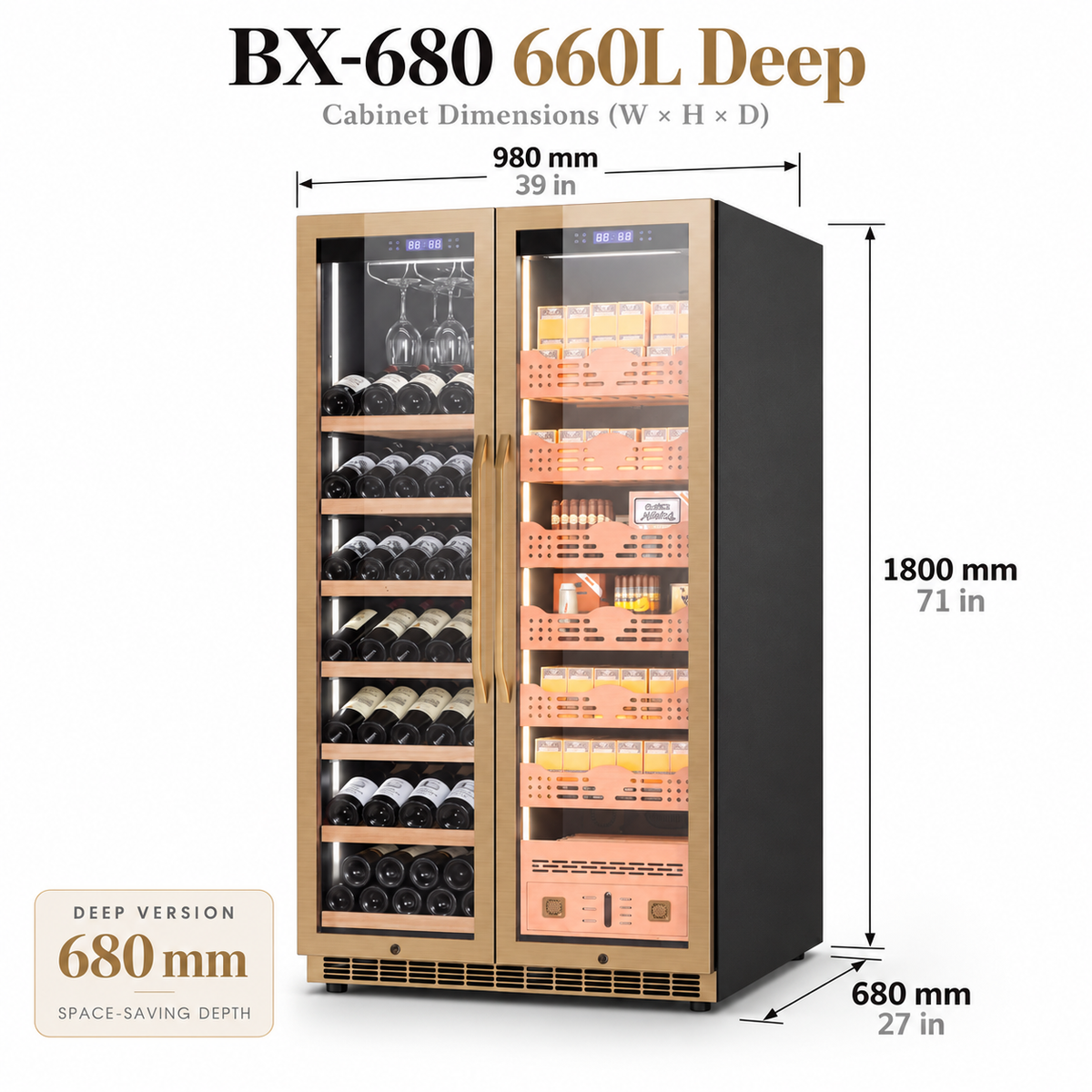 BALANS BX-680 660L deep dual-zone wine and cigar cooler with hanging wine glasses, Spanish cedar cigar storage and 680 mm depth