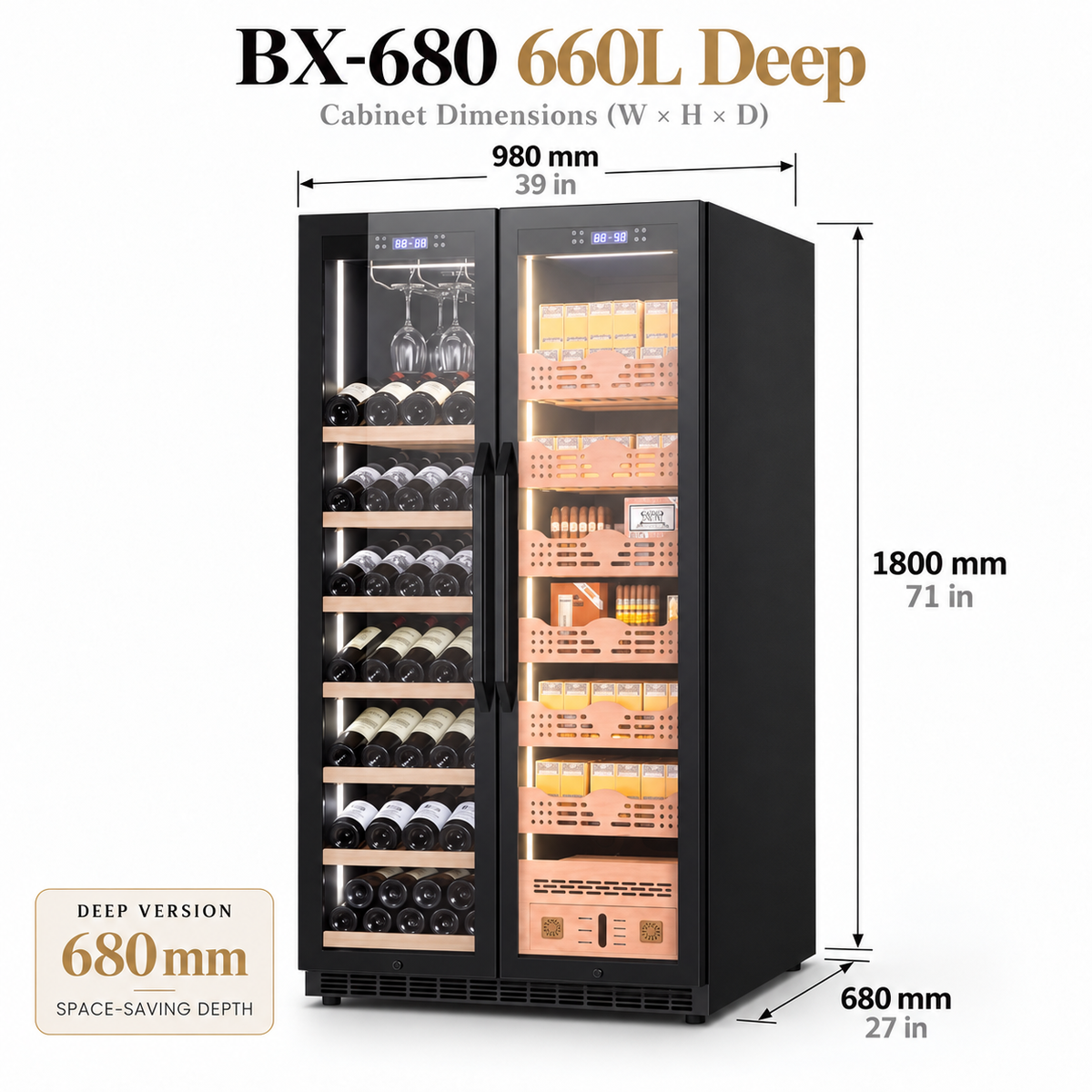 BALANS BX-680 660L deep black dual-zone wine and cigar cooler with wine bottle racks, cigar drawers and 680 mm depth