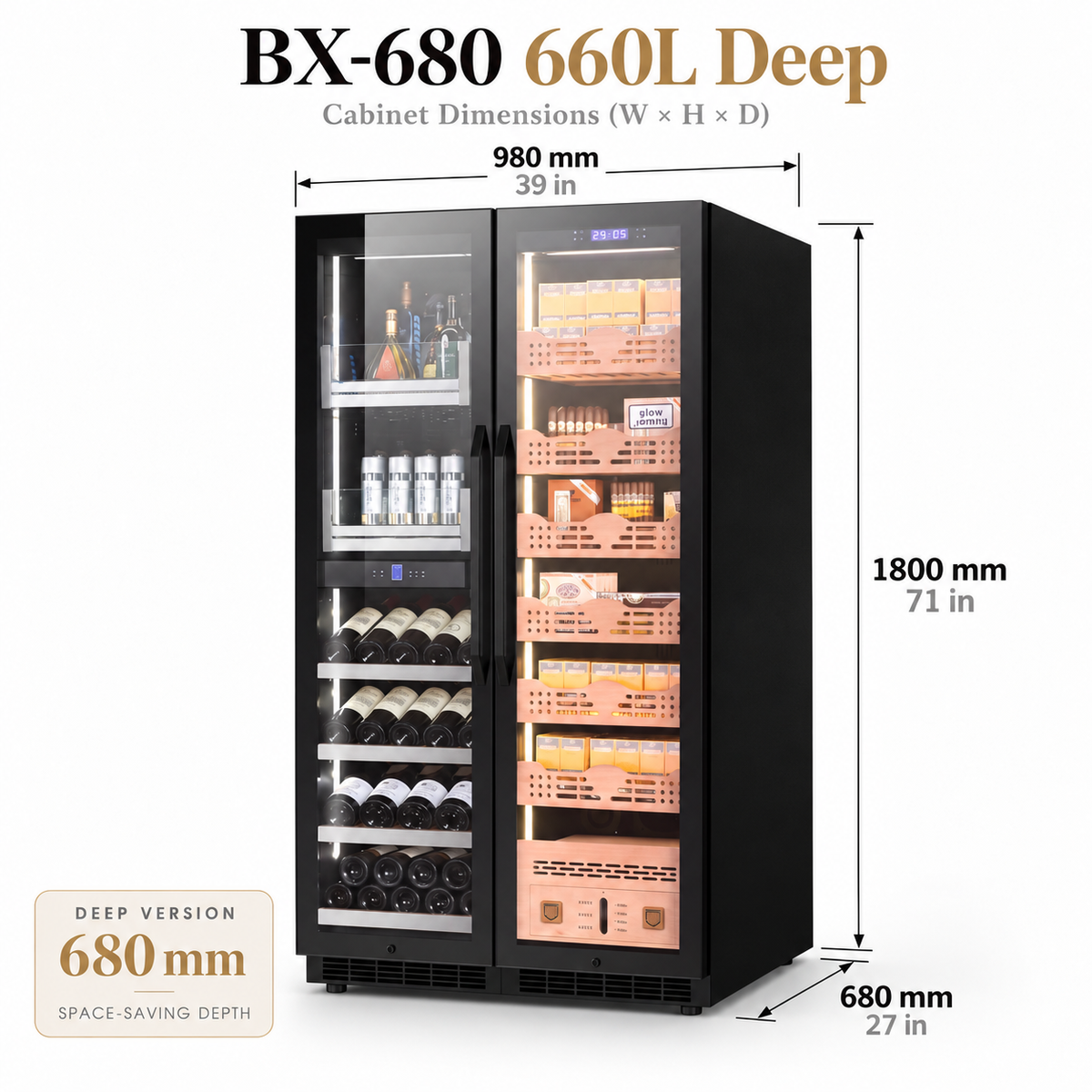 BALANS BX-680 660L deep black wine and cigar cabinet with glass doors, illuminated storage compartments and 680 mm depth