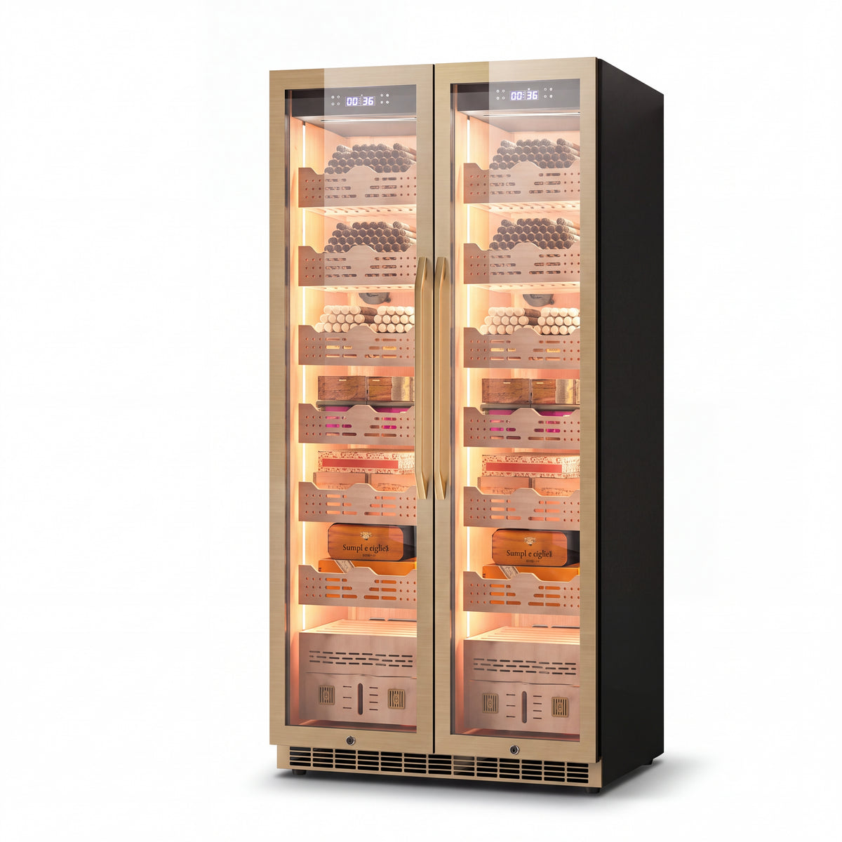 BALANS BX-680 luxury dual-zone electric cigar humidor cabinet with gold double doors and illuminated wooden cigar shelves