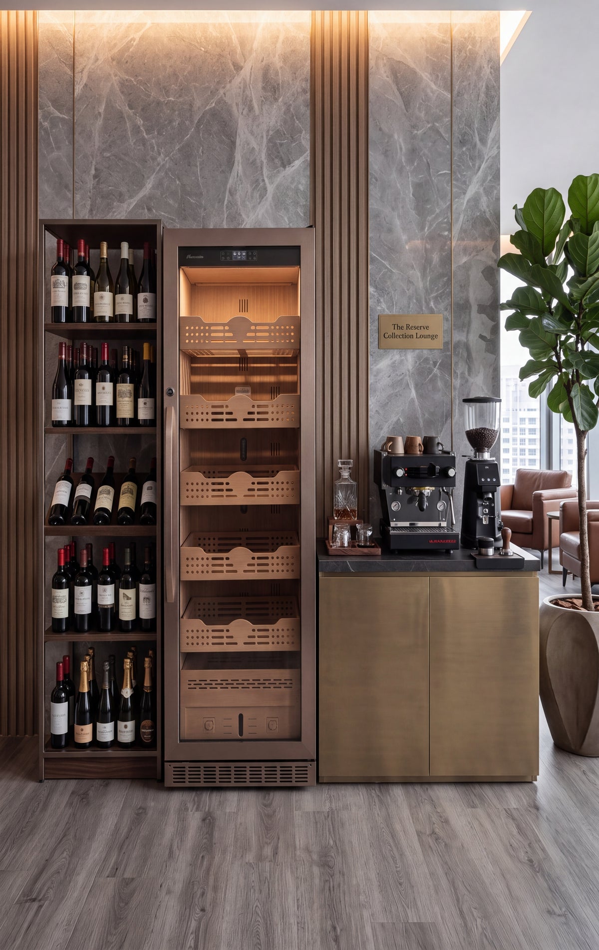 BALANS BXW-308 cabinet beside wine storage and a coffee station in an executive office