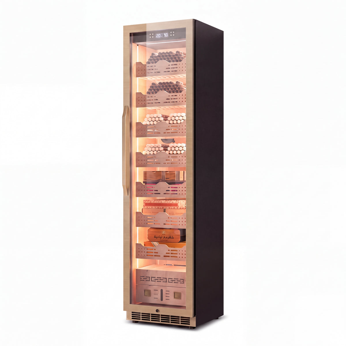 BXW-508 Cigar Humidor Cabinet, gold finish, with optional Spanish cedar interior.