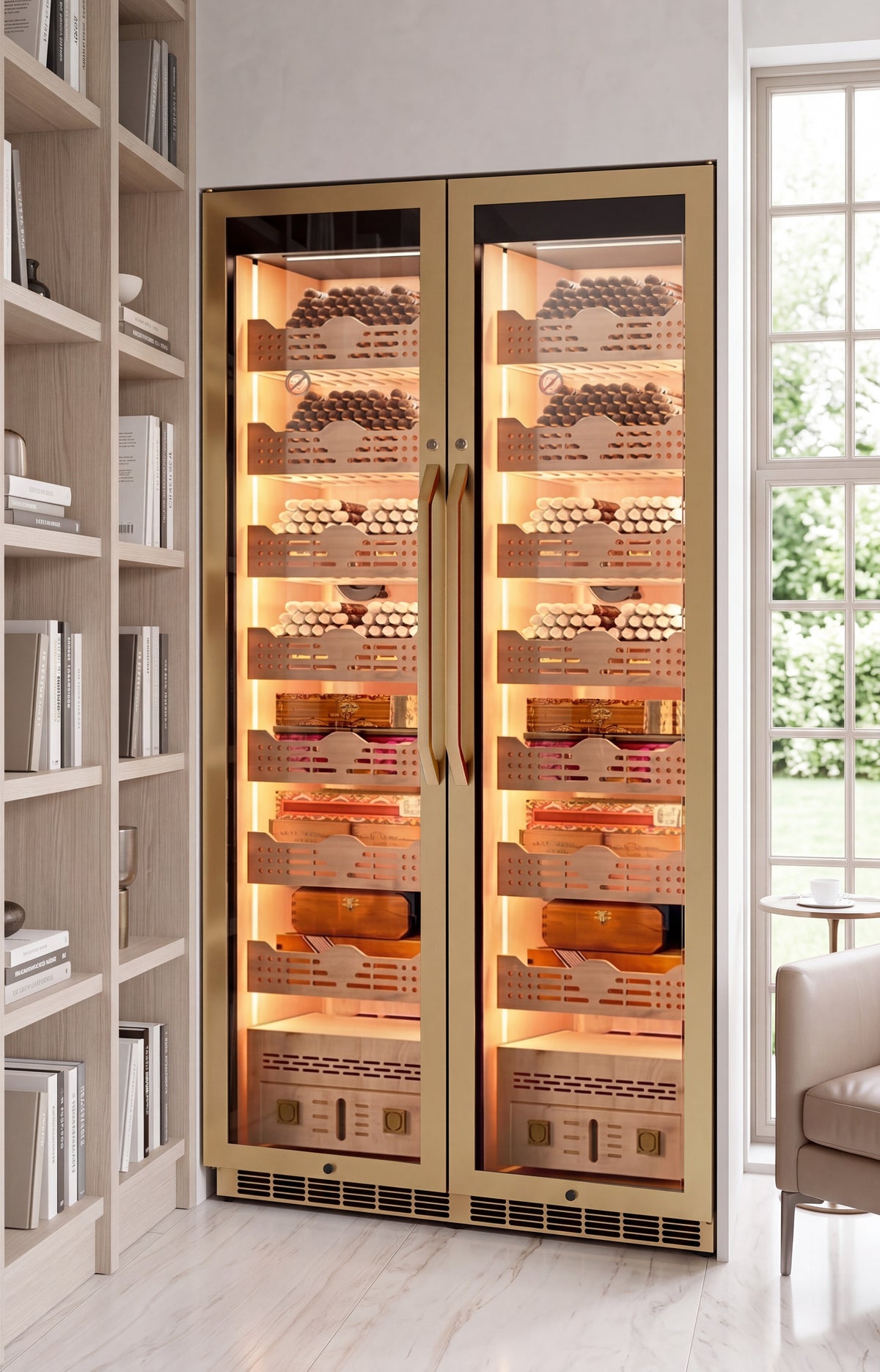 BALANS BXW-735 cabinets in a bright private study with bookshelves and a large window