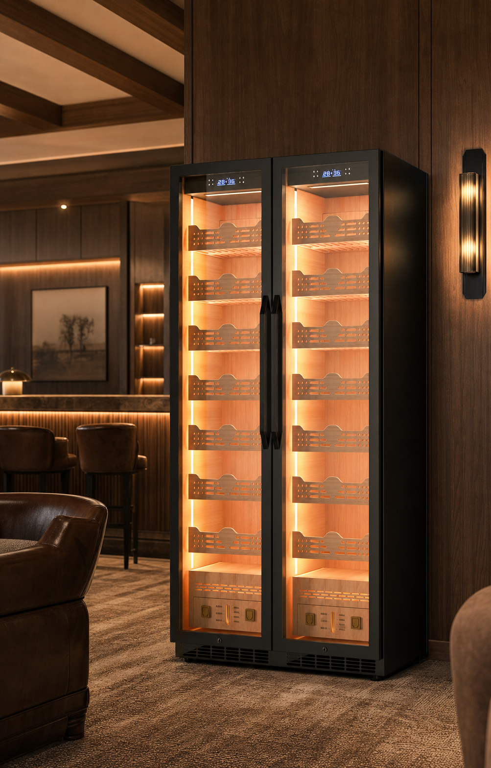 Private library cigar display with ambient lighting