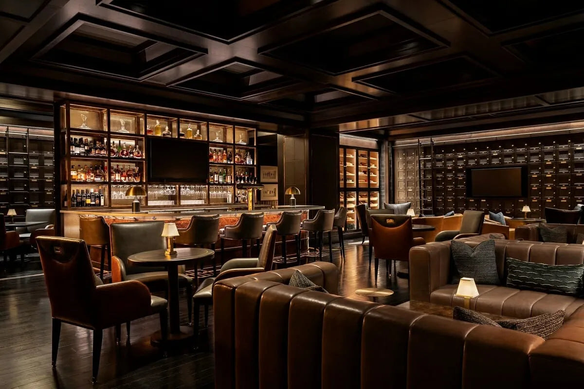 Members lounge bar wall with integrated humidor system