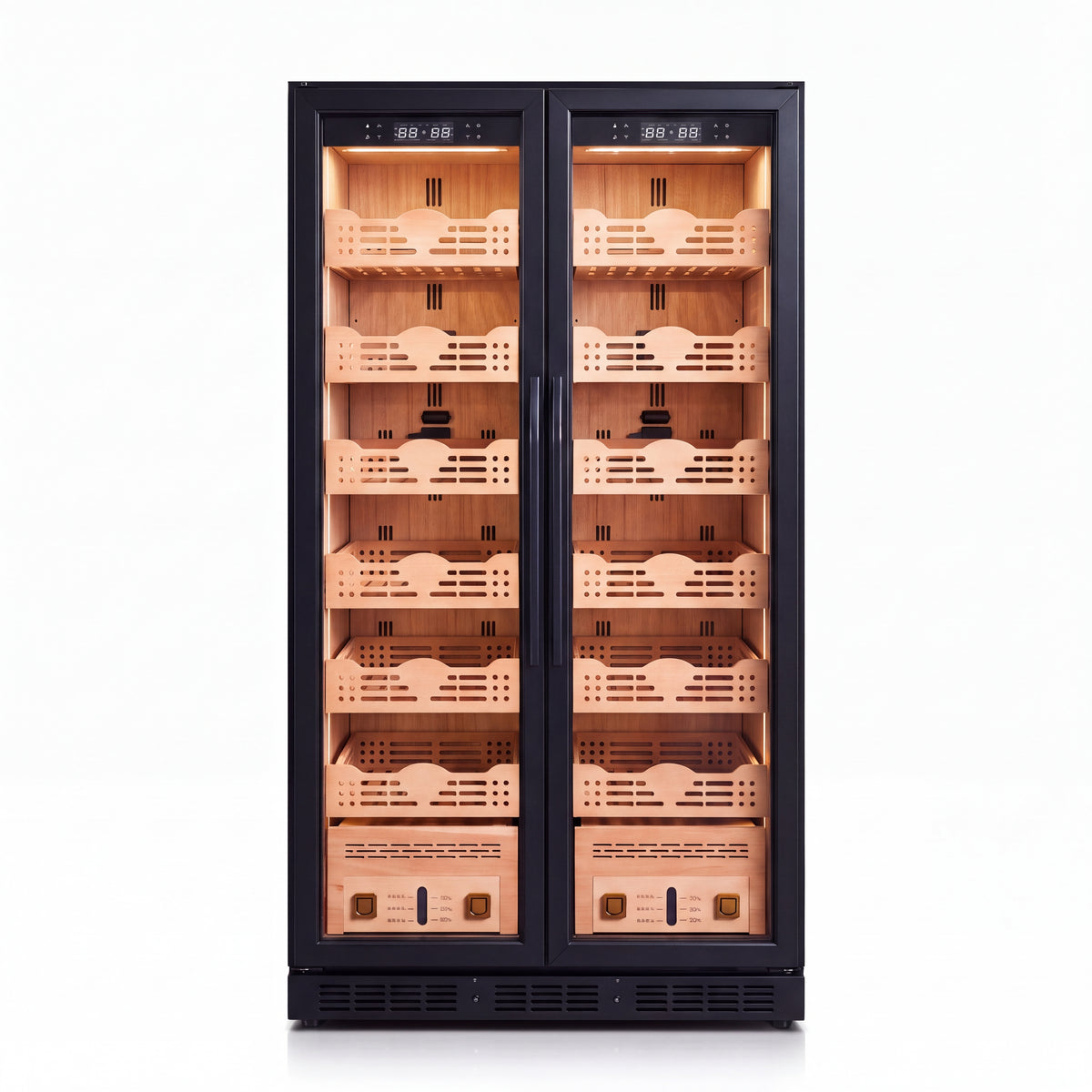 Black double-door cigar humidor with cedar wood interior