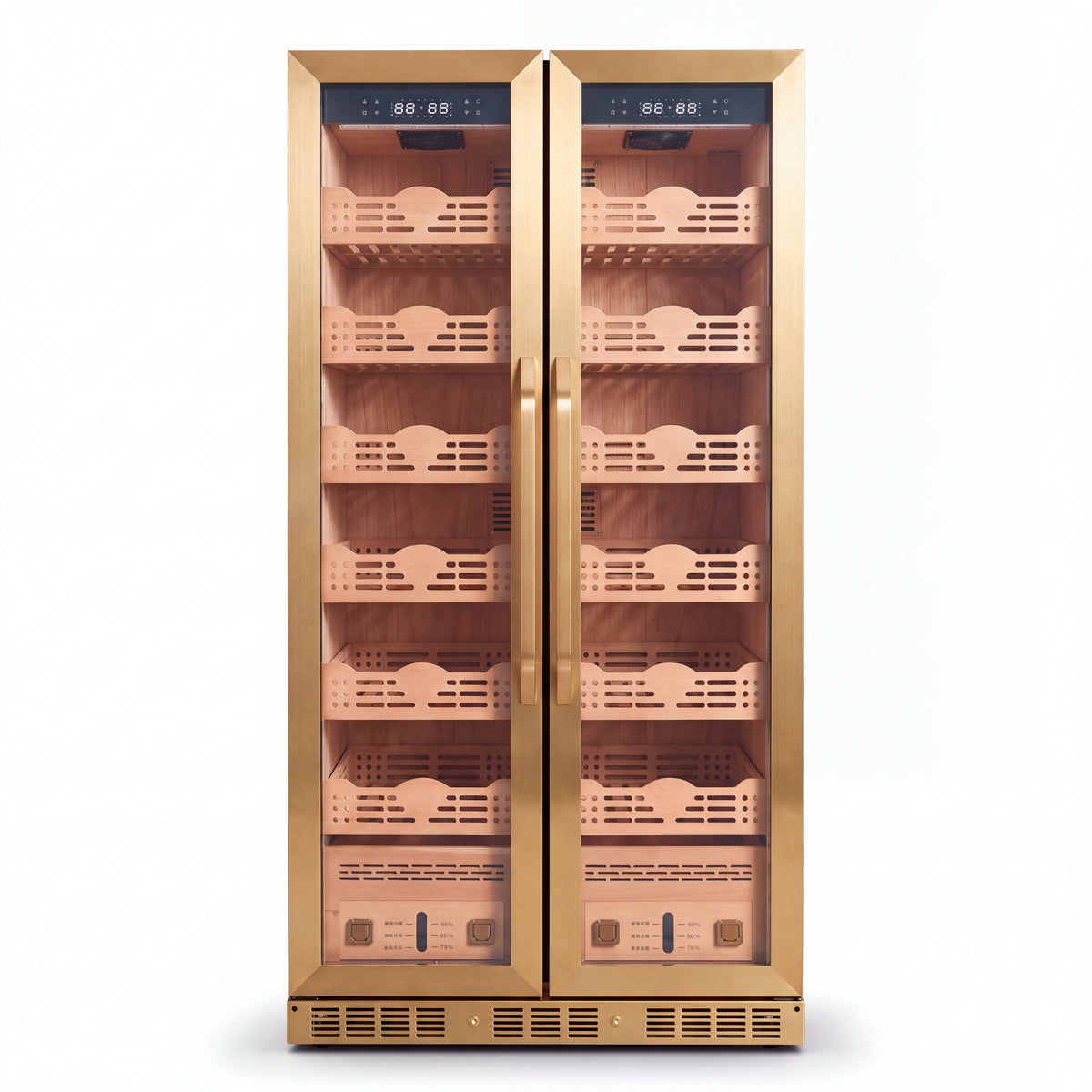 Gold-colored, double-door cigar humidor with a cedar wood interior