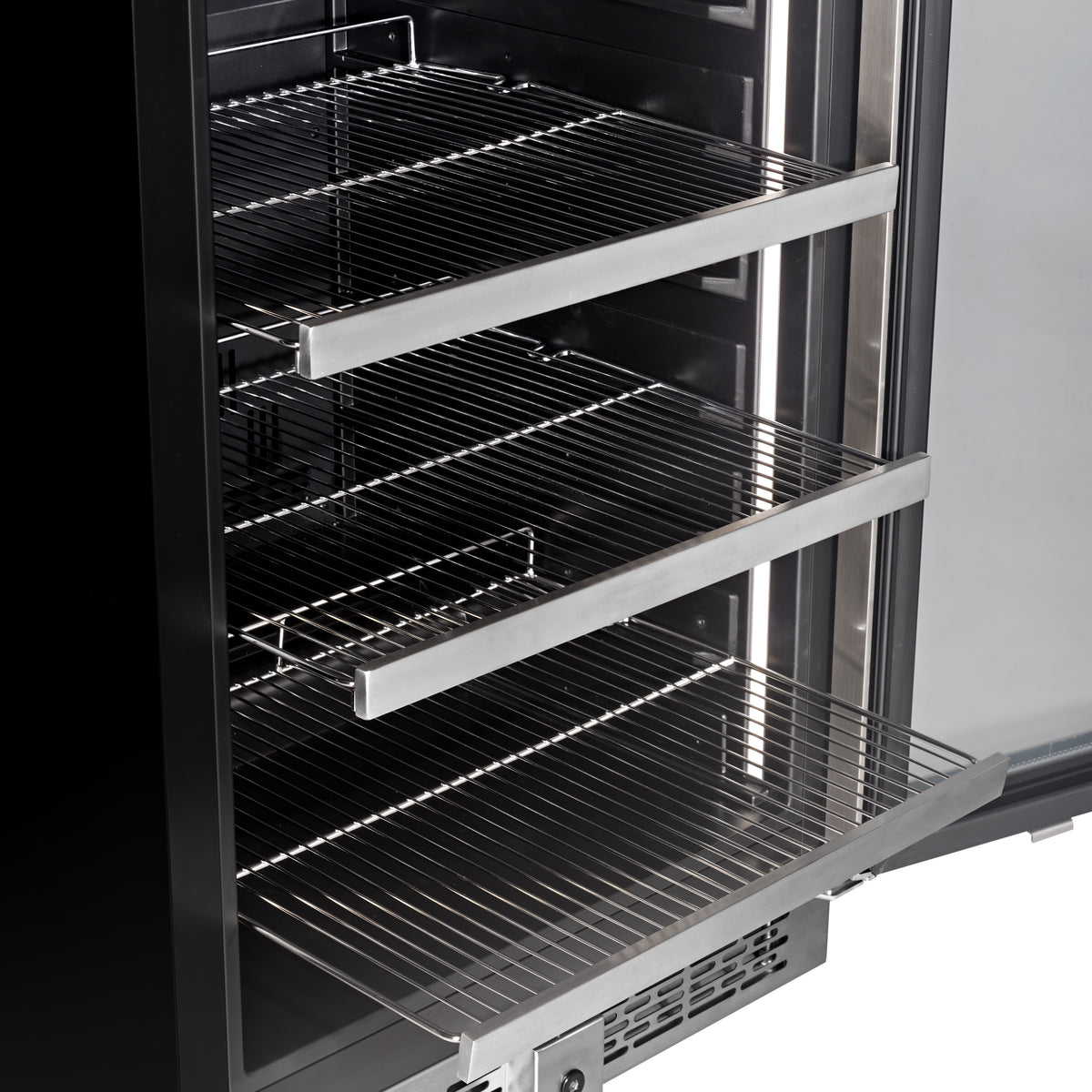 BJ-130WS beverage cooler interior with multi-level shelves for cans and bottles