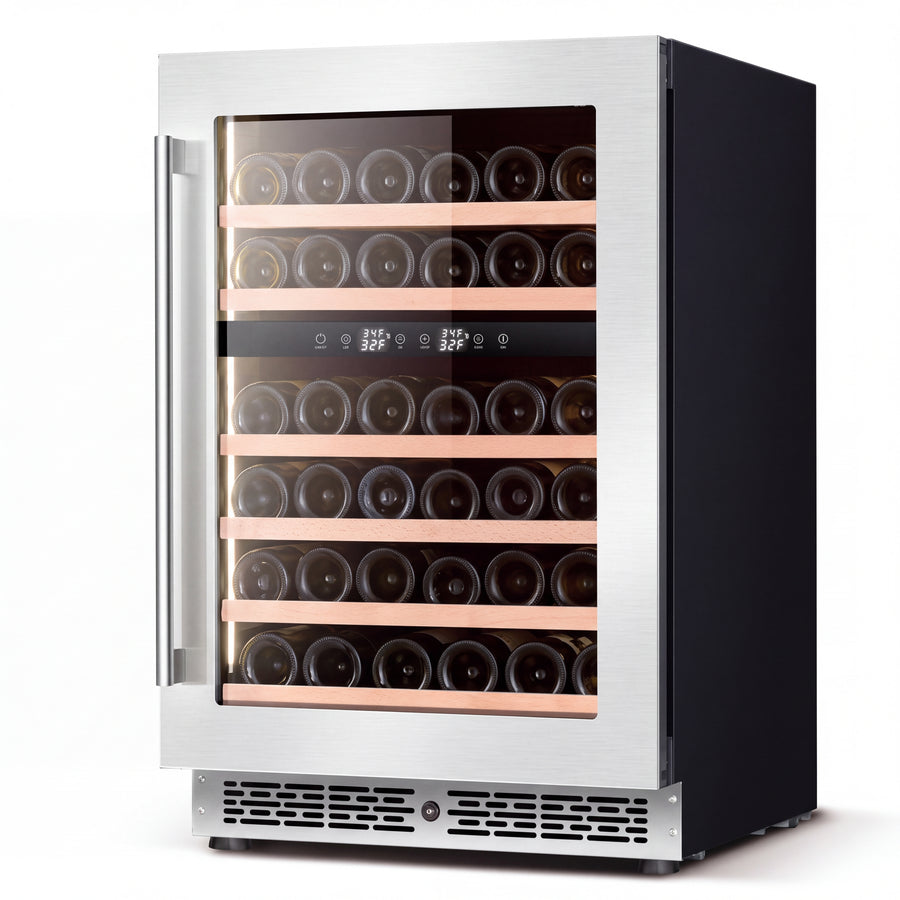 BALANS JC-140WD 140L dual zone wine cooler with 41-bottle capacity, glass door and stainless steel finish.