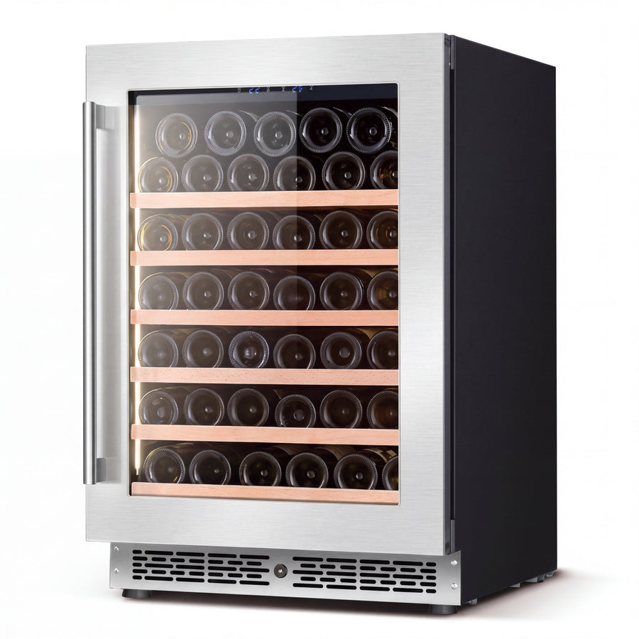 BALANS JC-140WS 140L stainless steel wine cooler with glass door, wooden wine shelves and 41-bottle capacity for modern kitchens