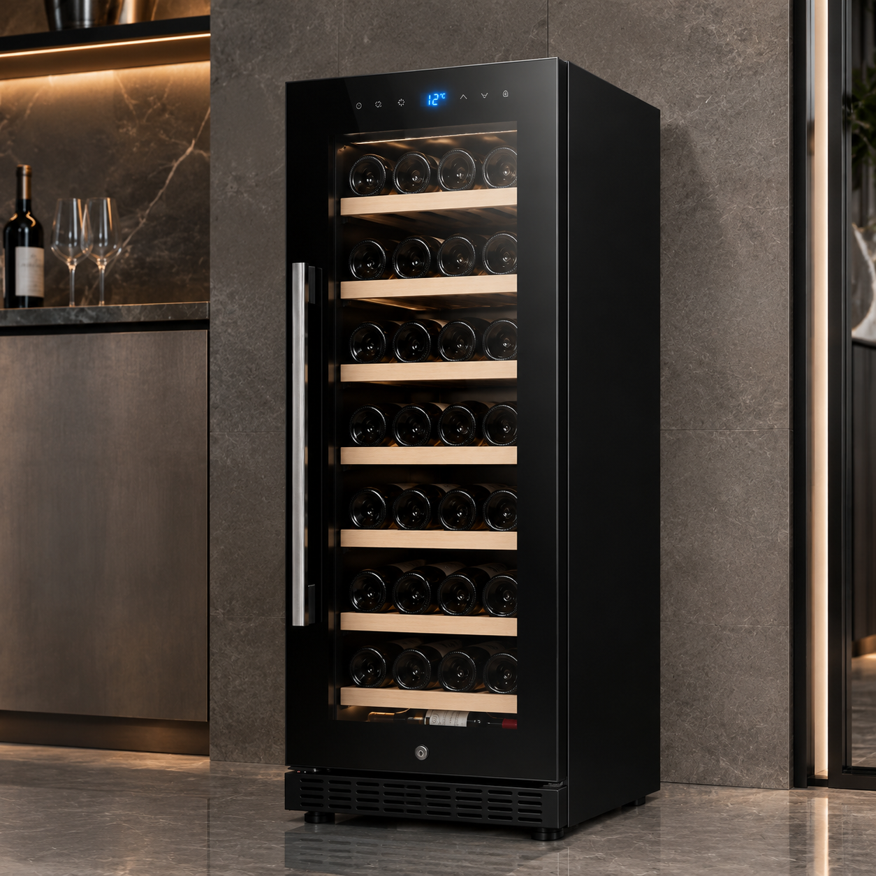 BALANS JC-188WS Black Wine Cooler 150L | 51 Bottle Built-In Wine Refrigerator with Wooden Shelves