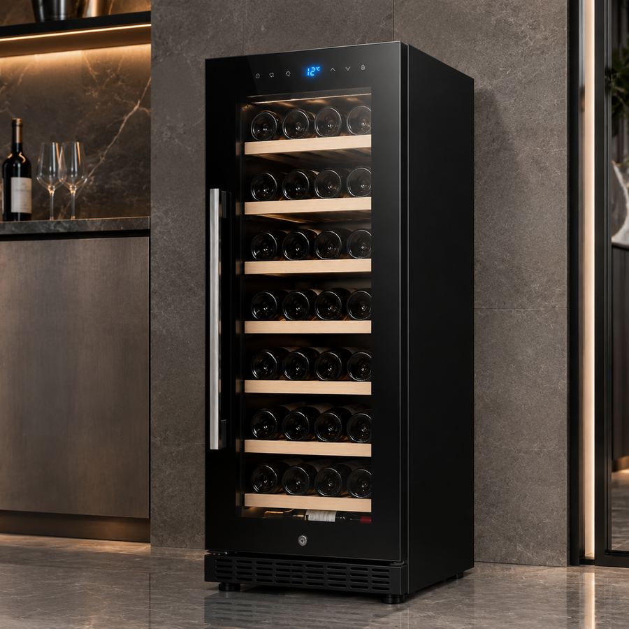BALANS JC-188WS Black Wine Cooler 150L | 51 Bottle Built-In Wine Refrigerator with Wooden Shelves