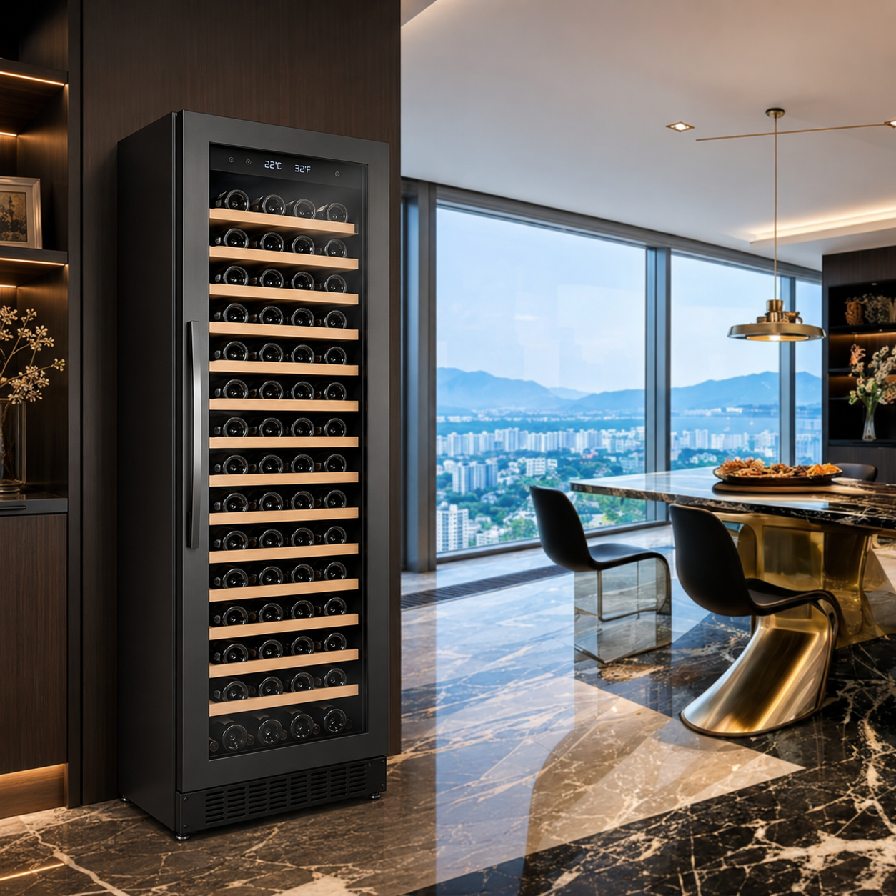 BALANS JC-325WS Black Wine Cooler Refrigerator 325L 112 Bottle Storage with Beech Wood Shelves