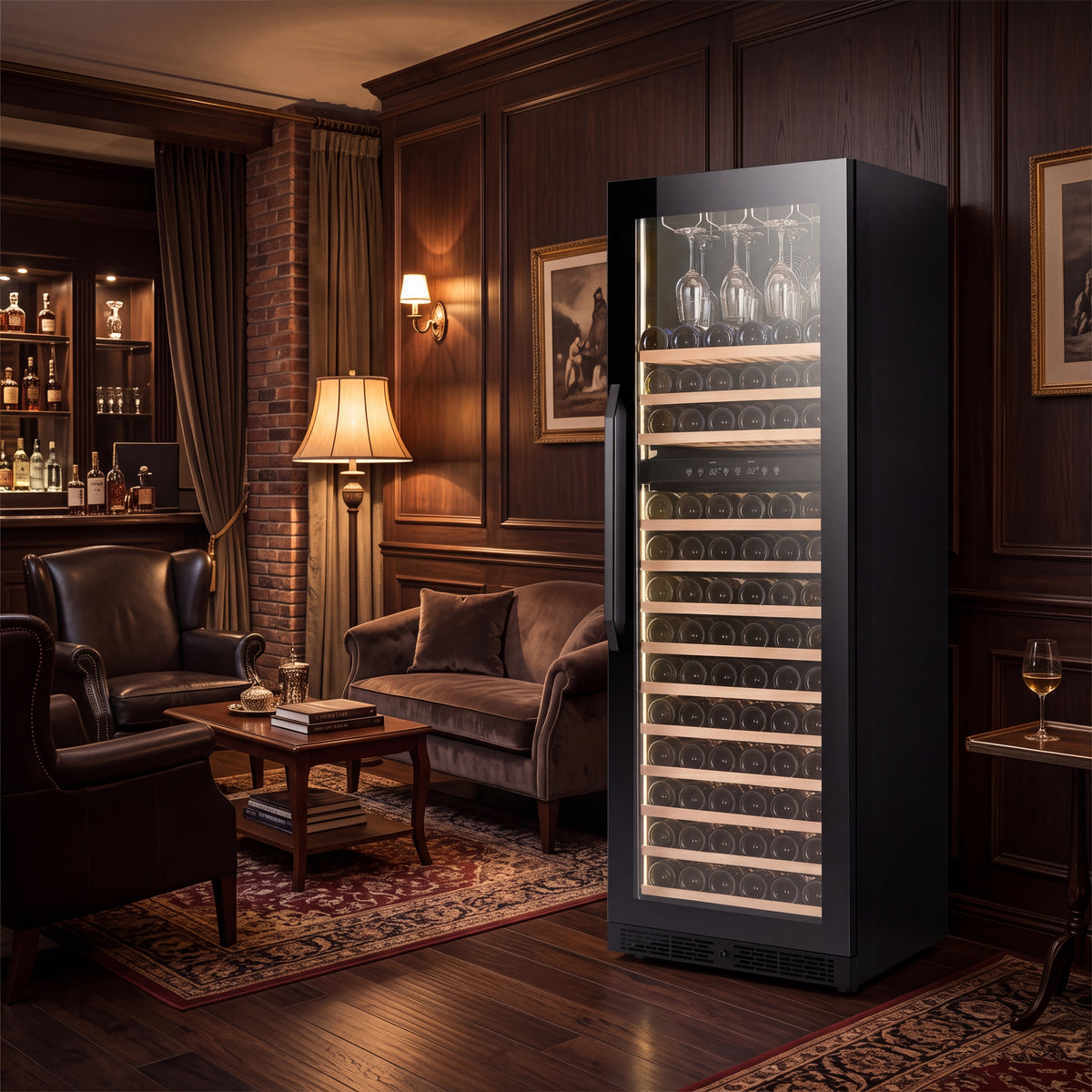 High-end home entertainment lounge featuring a black glass door wine cabinet display