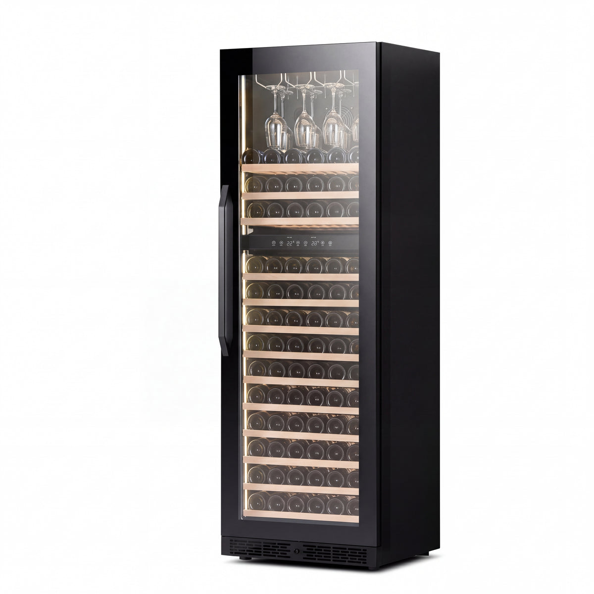 JC-435WD-B dual zone wine cooler with premium black glass door design