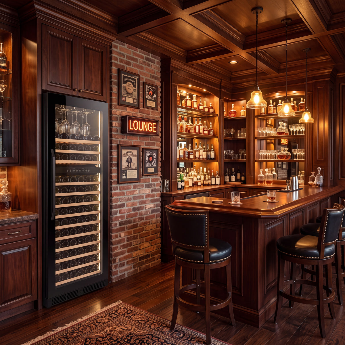 Modern freestanding wine cooler for dining room and entertainment spaces