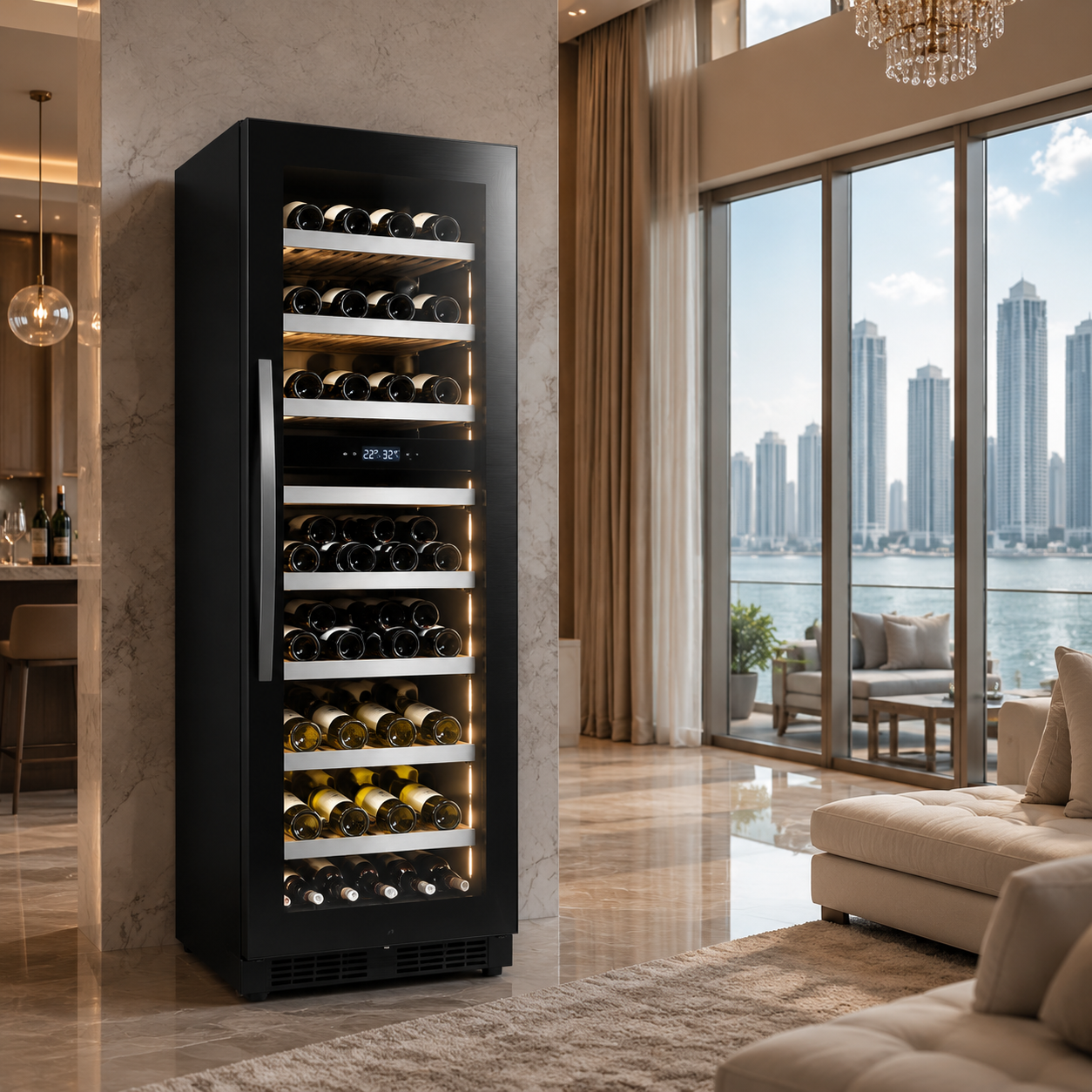 BALANS JC-435WD Black Dual Zone Wine Cooler Refrigerator 508L 166 Bottles Storage with 15 Beech Wood Shelves