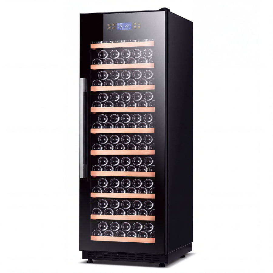 BALANS JC-435WS 338L black wine cooler with glass display door, digital touchscreen control and 110-bottle storage capacity