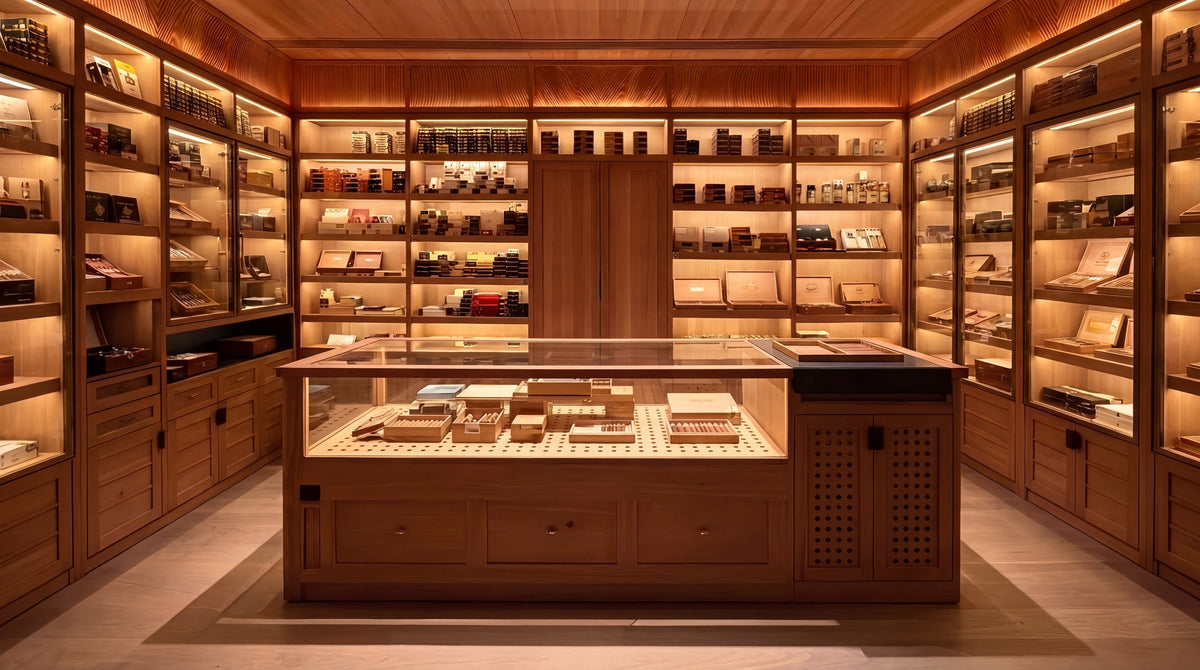 Warm custom cigar room with illuminated cedar shelving