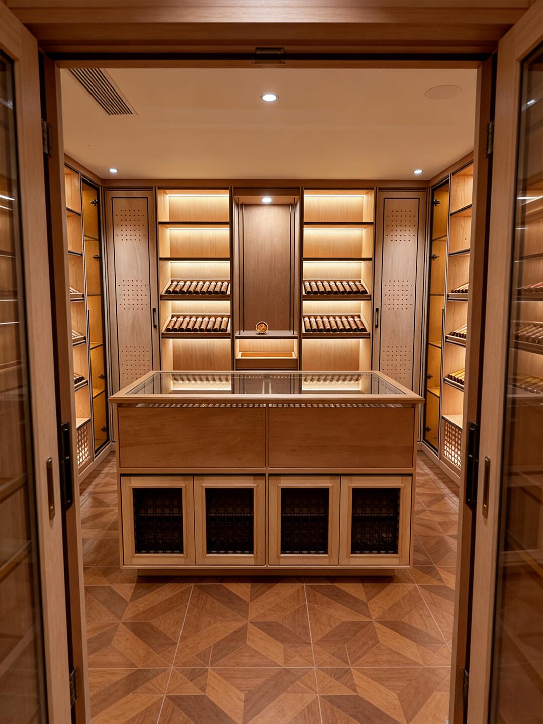 Private residence cigar lounge with integrated humidor wall