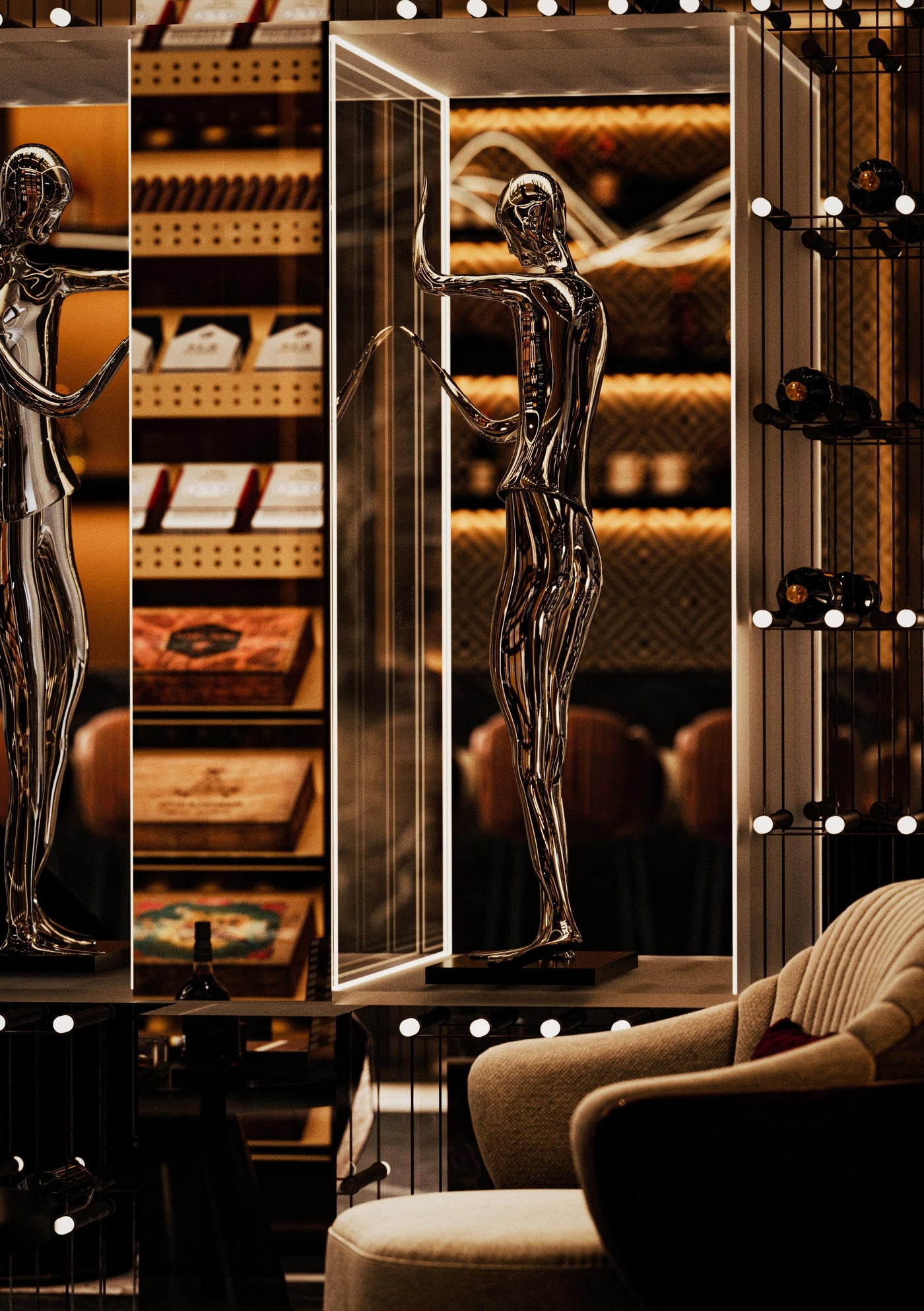 Members lounge with chandelier and cigar room atmosphere